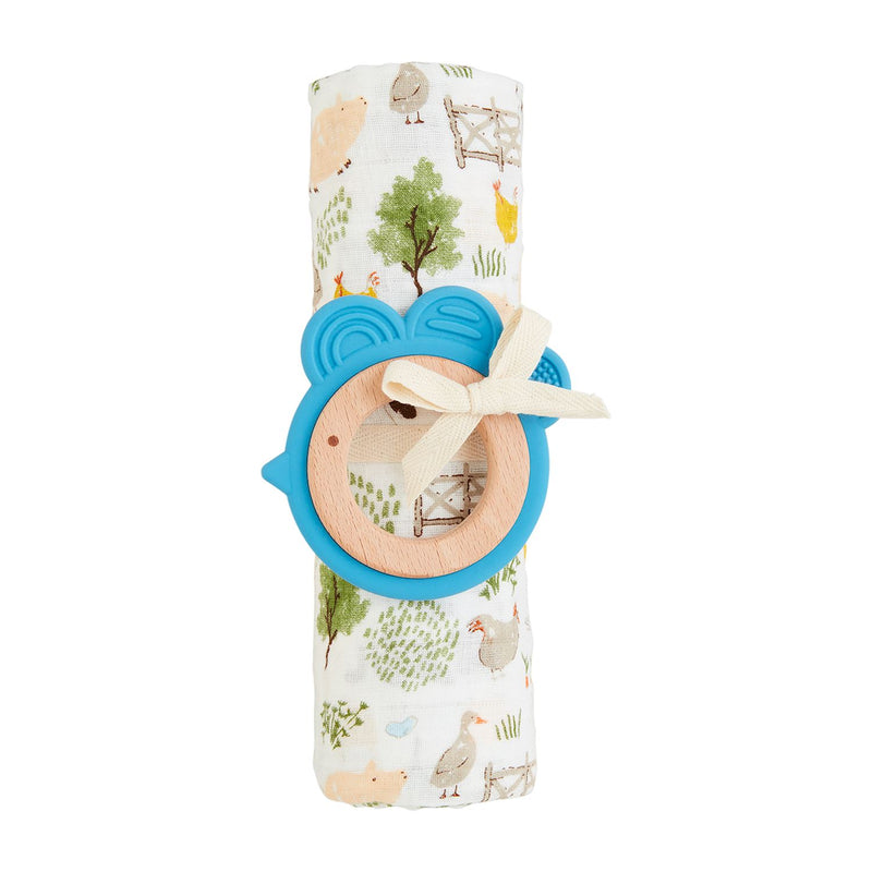 Farm Swaddle & Teether Set - Blue