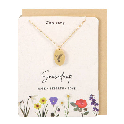 January: Snowdrop Birth Flower Necklace on Greeting Card
