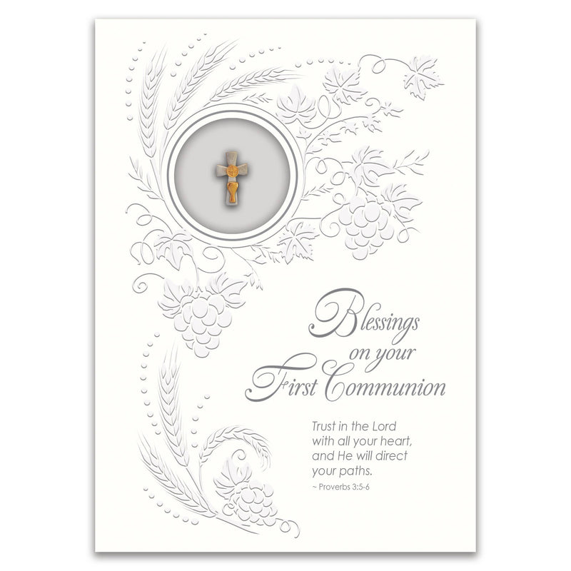 "Blessings on your First Communion" Card & Pin Set