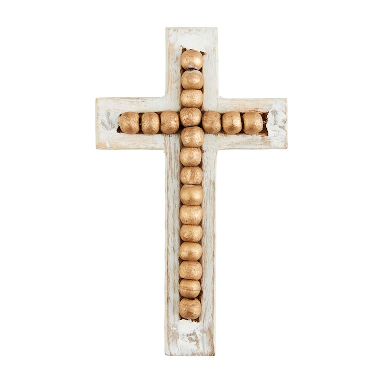 White-Washed Gold Beaded Cross - Small