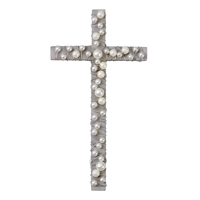 Wood Cross With Pearls - Grey