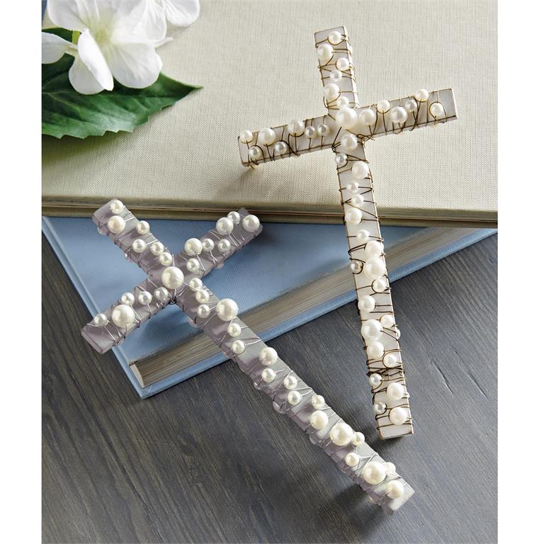 Wood Cross With Pearls - White