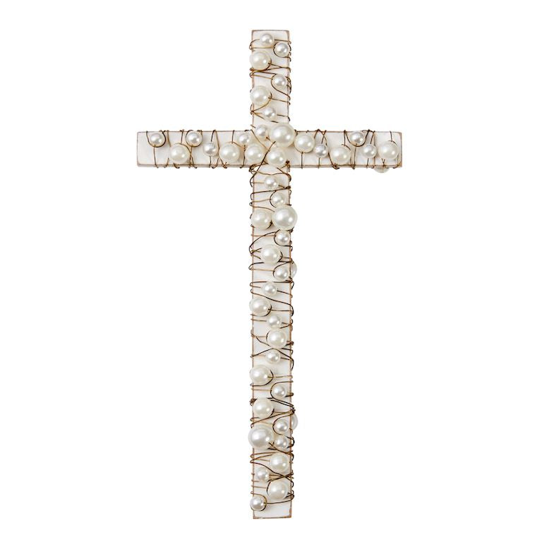 Wood Cross With Pearls - White