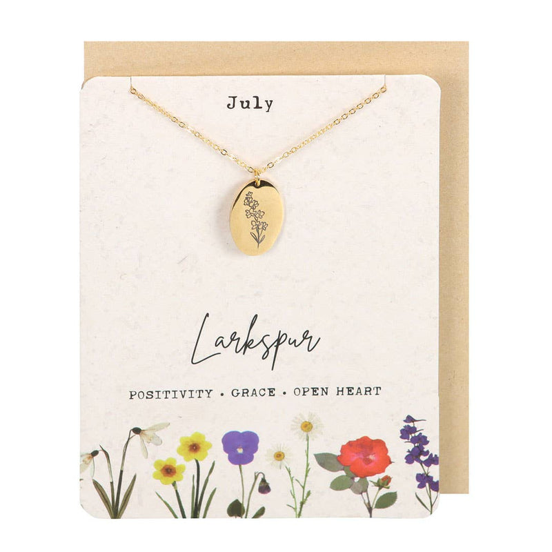 July: Larkspur Birth Flower Necklace on Greeting Card
