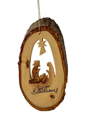 Olive Wood From Bethlehem |  Bark Slice with Nativity