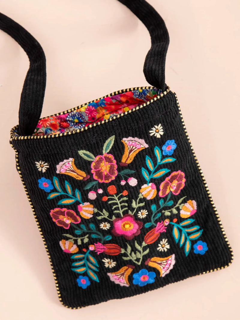 Embroidered Corduroy Crossbody - Black Folk Flower