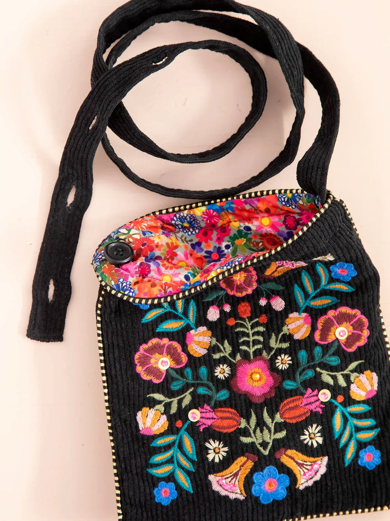 Embroidered Corduroy Crossbody - Black Folk Flower