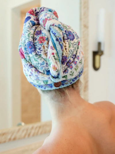 Microfiber Hair Towel Wrap - Dusty Blue Flowers