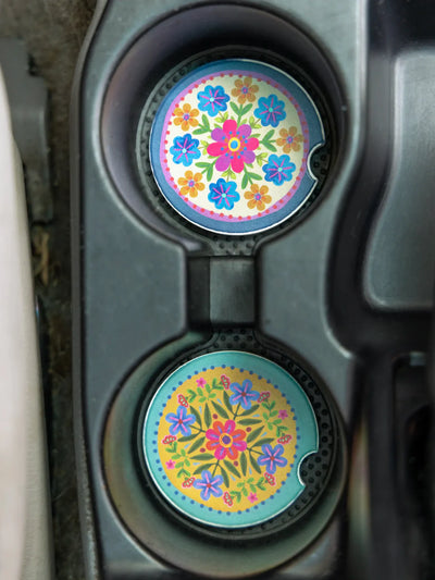 Folk Flower Car Coasters - Mustard