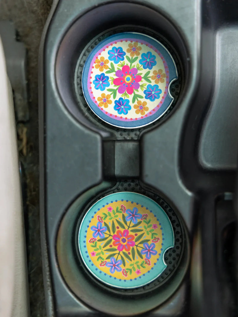 Folk Flower Car Coasters - Mustard