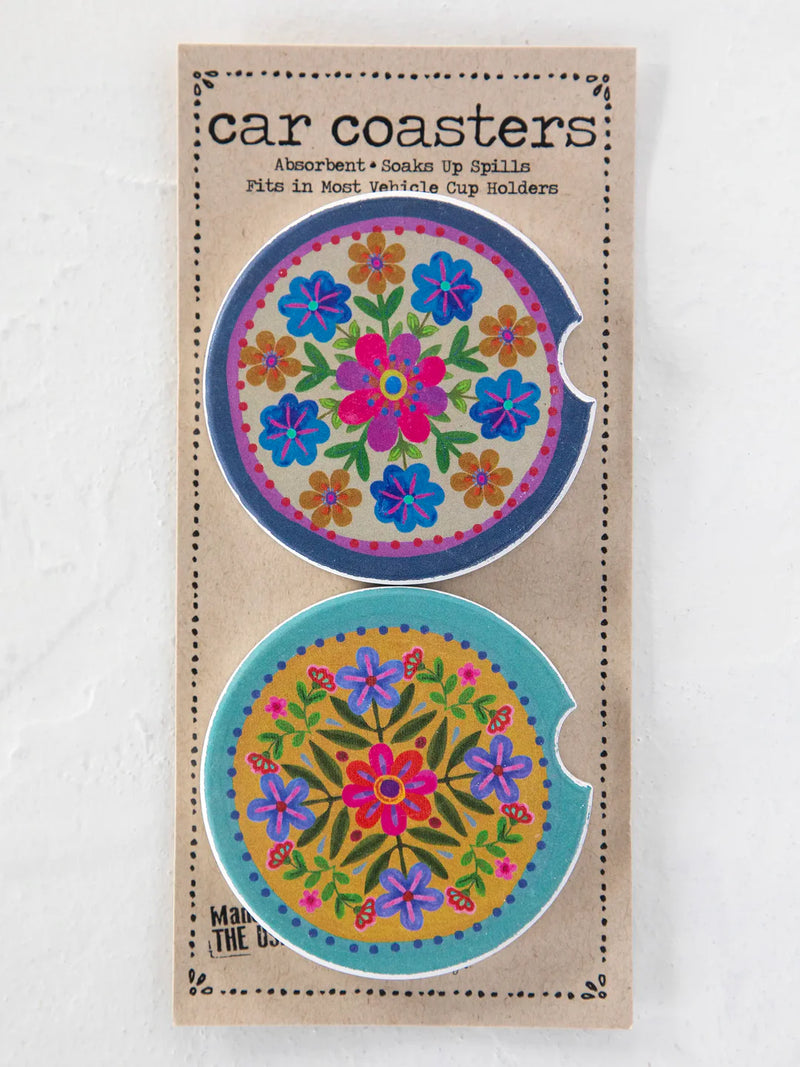 Folk Flower Car Coasters - Mustard