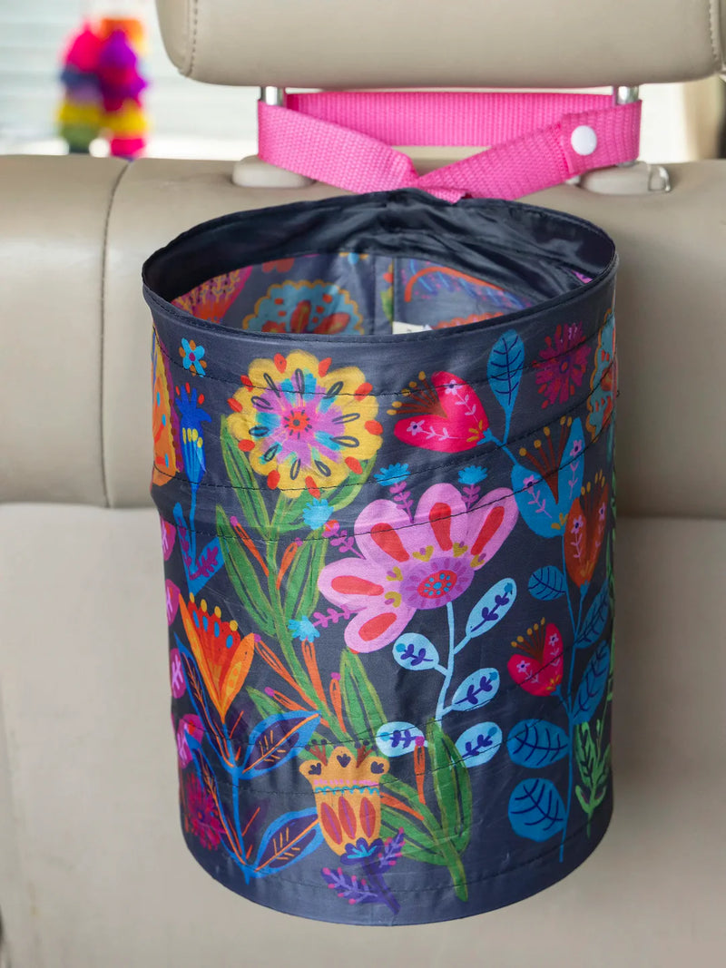 Floral Borders Pop-Up Car Trash Bin - Navy Folk Flower