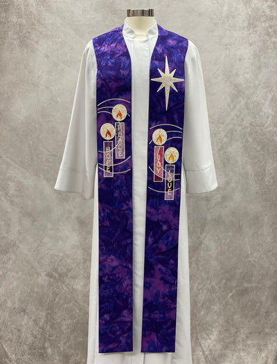 "Ignited Love" Pastor Stole - Purple with Traditional Candles and  Attachable Flames