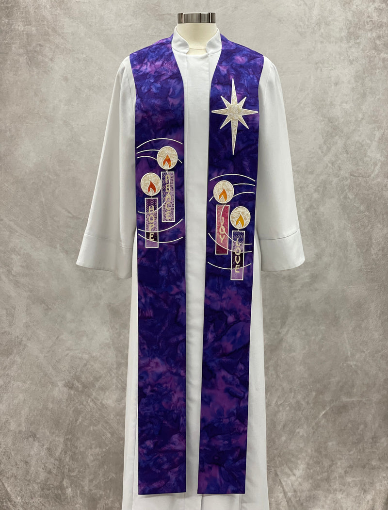 "Ignited Love" Pastor Stole - Purple with Traditional Candles and  Attachable Flames