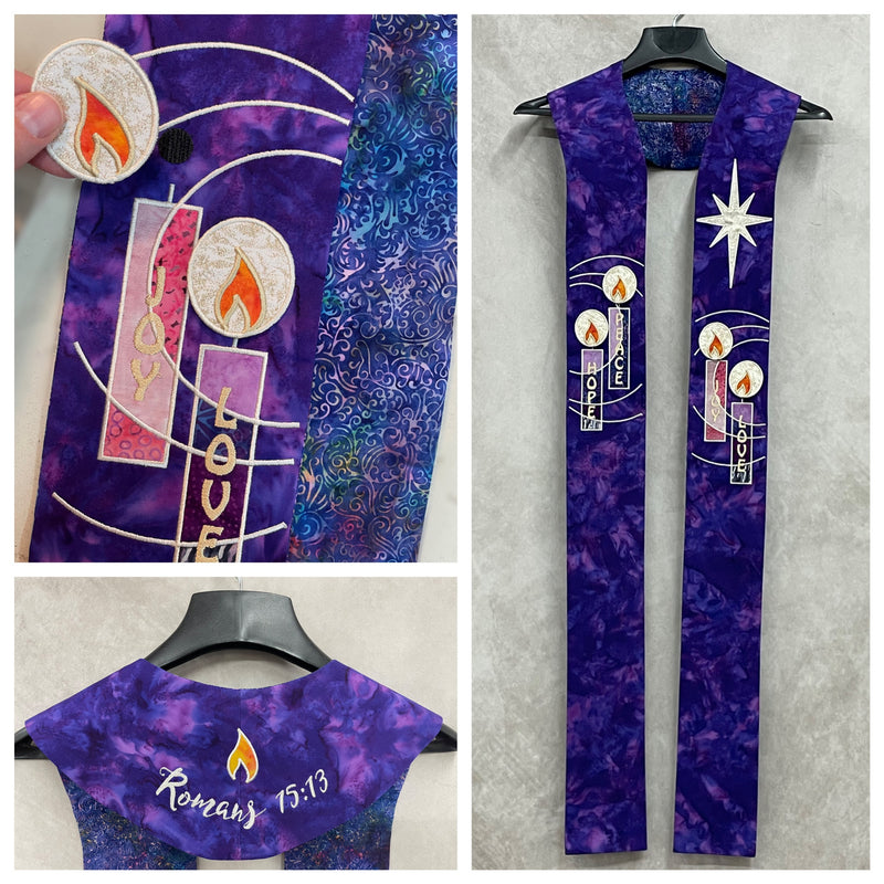 "Ignited Love" Pastor Stole - Purple with Traditional Candles and  Attachable Flames