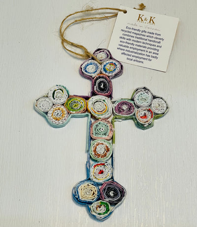 Recycled Magazine Cross Ornament - Ornate