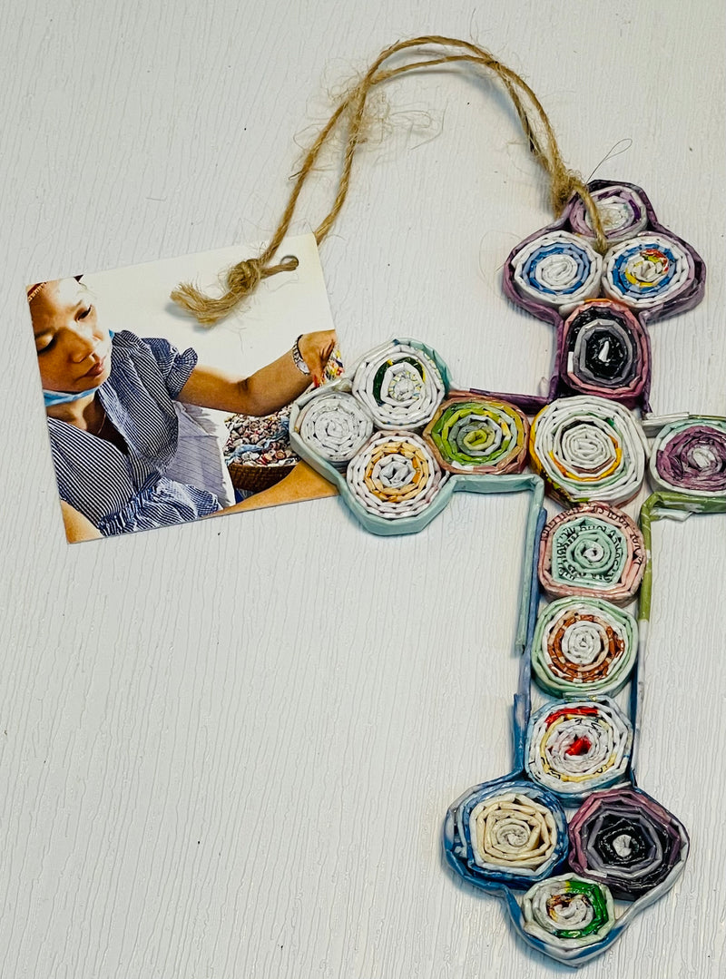 Recycled Magazine Cross Ornament - Ornate
