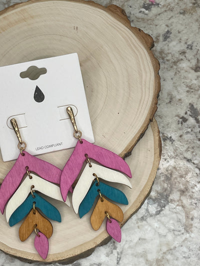 Teared Wooden Earrings - Turquoise/Pink