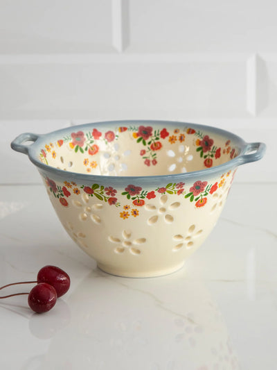 Cream Floral Ceramic Berry Colander
