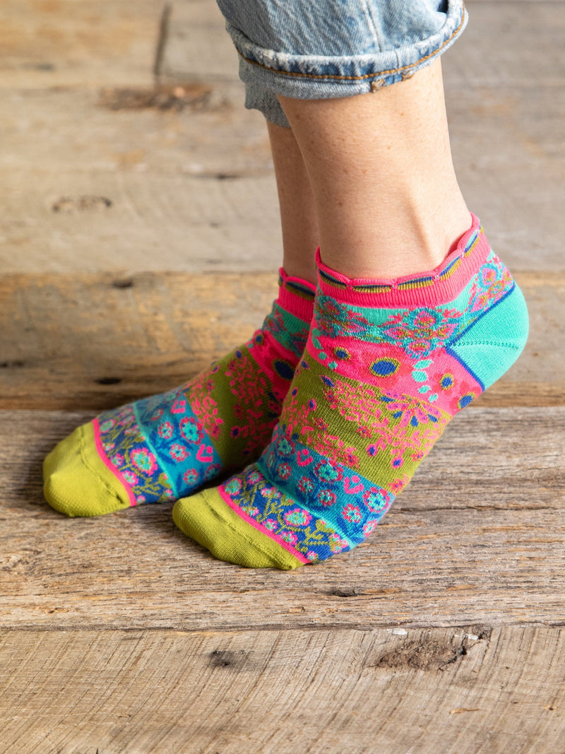 Cozy Ankle Socks, Set of 3 - Mustard Floral