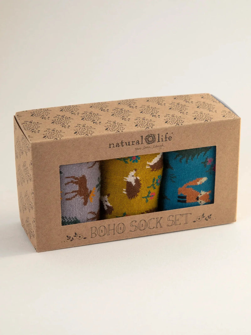 Boxed Boho Sock, Set of 3 - Forest Critters