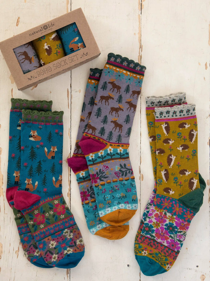 Boxed Boho Sock, Set of 3 - Forest Critters