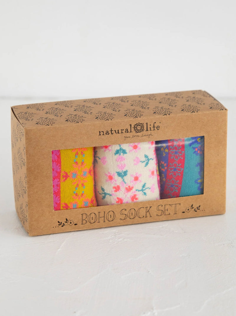 Boxed Boho Sock, Set of 3 - Cream Floral