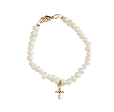 Baby Pearl & Gold Cross Bracelet