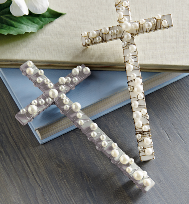 Wood Cross With Pearls - Grey