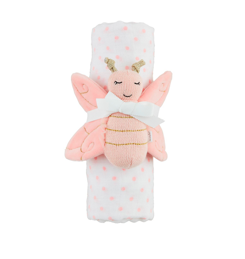 Pink Dot Swaddle & Butterfly Rattle Set