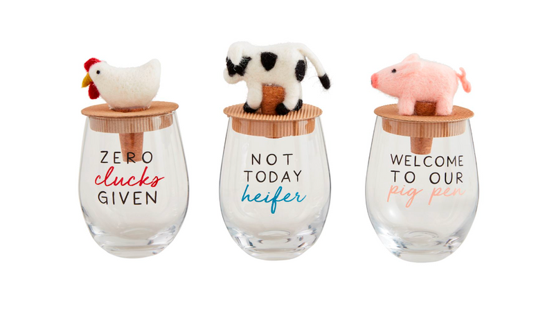 Farm Animal Wine Glass and Wine Stopper Set