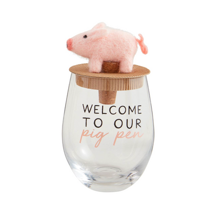 Farm Animal Wine Glass and Wine Stopper Set