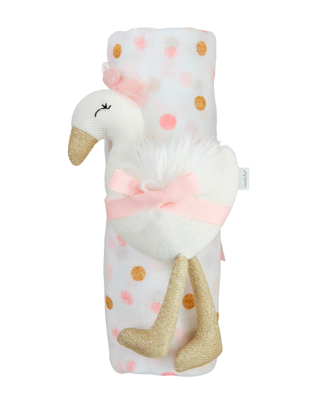 Pink & Gold Dot Swaddle & Goose Rattle Set