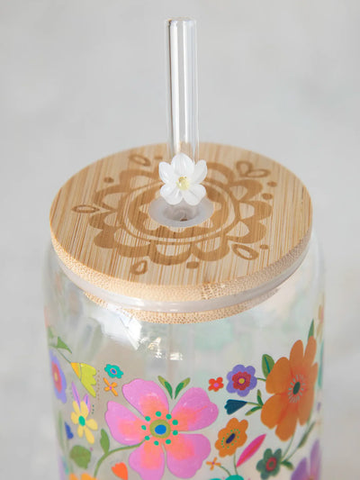 Folk Flower Glass Tumbler with Lid & Straw