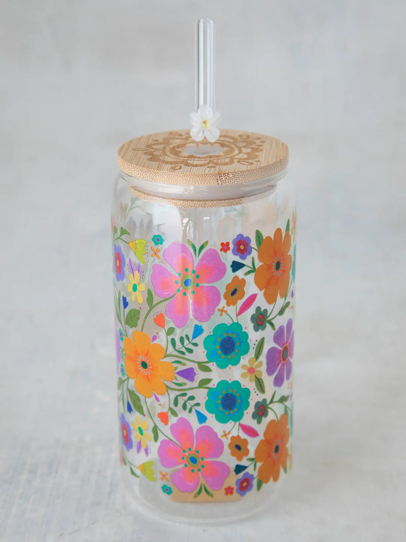 Folk Flower Glass Tumbler with Lid & Straw