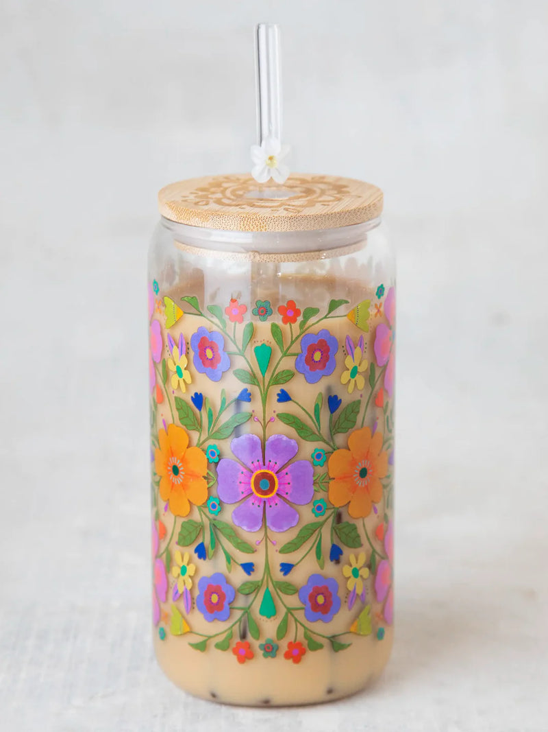 Folk Flower Glass Tumbler with Lid & Straw