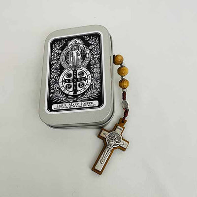 ST. BENEDICT Wooden Rosary With Metal Tin