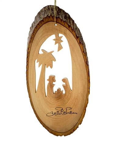 Olive Wood From Bethlehem | Bark Slice Nativity with Palm