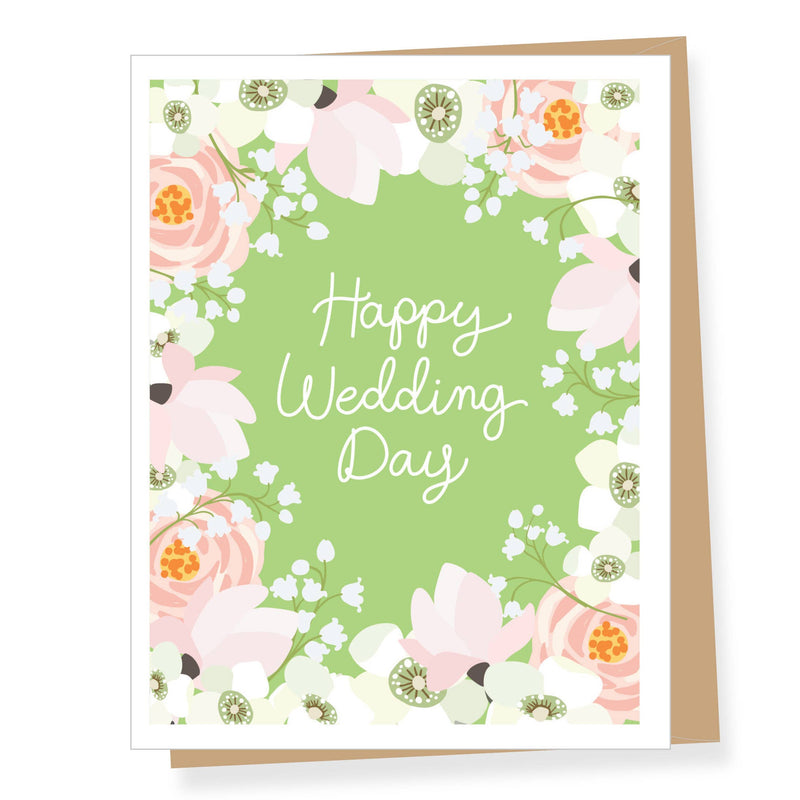 "Happy Wedding Day" Green Floral Wedding Card