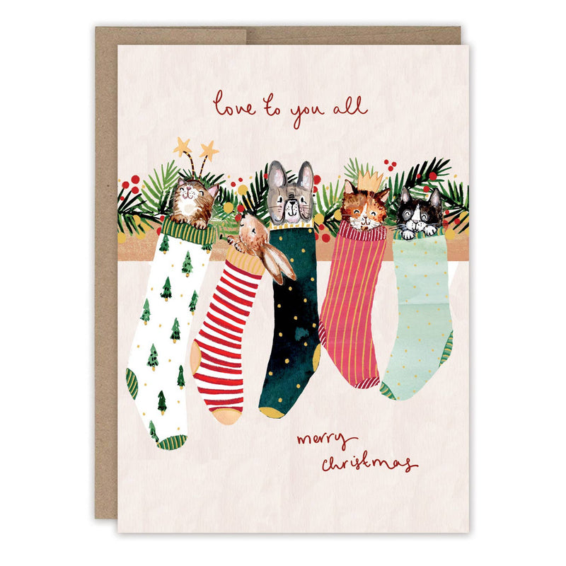 "Love To You All" Animals In Stockings Christmas Holiday Card