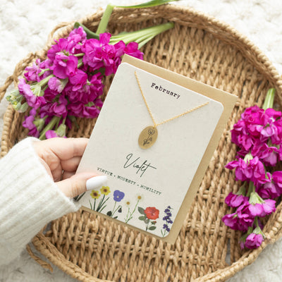 February: Violet Birth Flower Necklace on Greeting Card