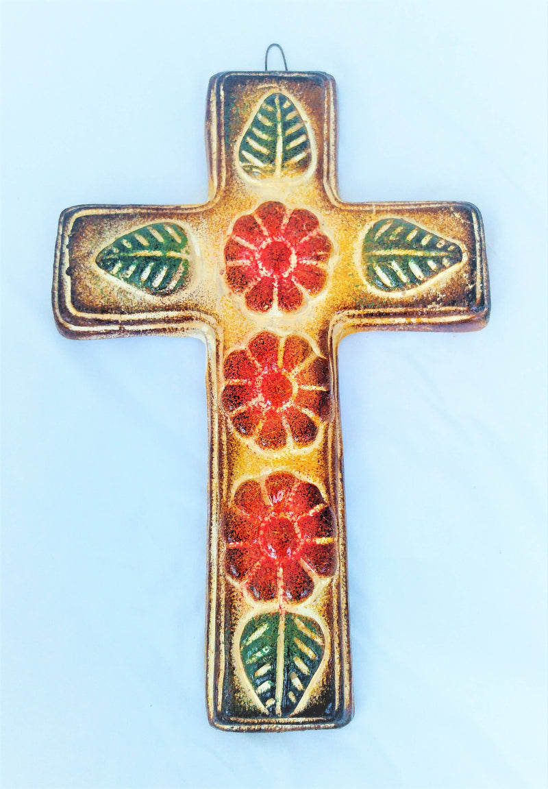 Clay Wall Cross With Red Flowers