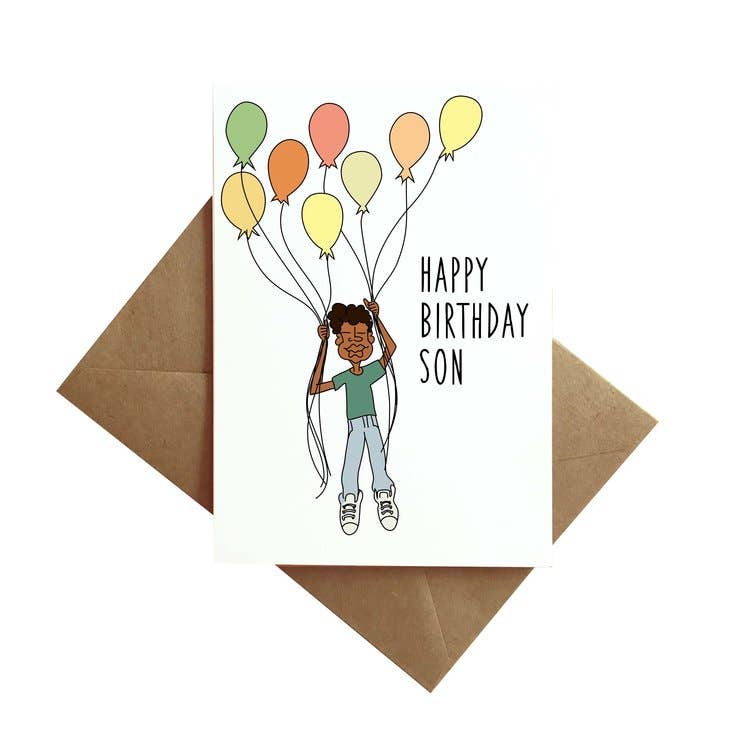 "Happy Birthday Son” Boy w/ Balloons Birthday Card