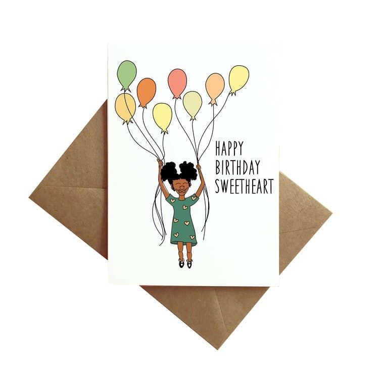 “Happy Birthday Sweetheart” Girl w/ Balloons Birthday Card