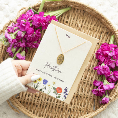 May: Hawthorn Birth Flower Necklace on Greeting Card