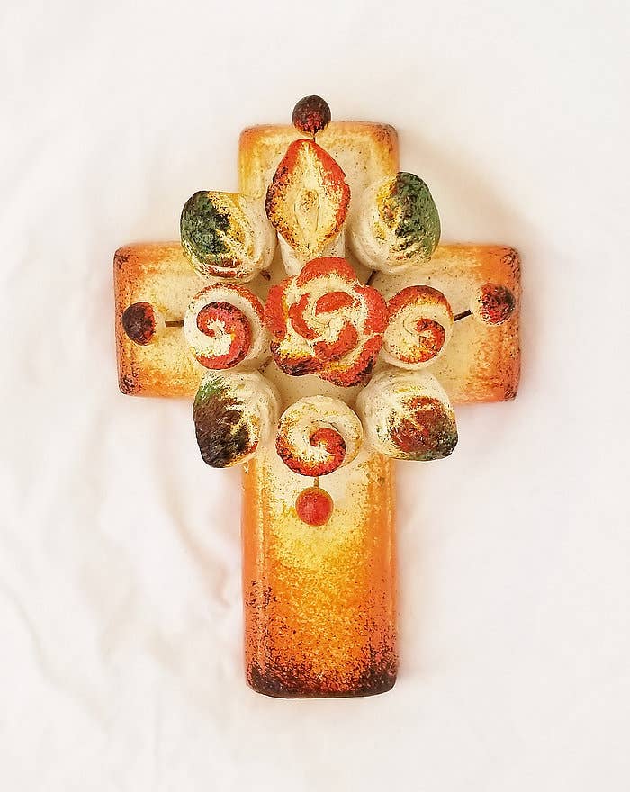 Clay Wall Cross With Flower Bouquet
