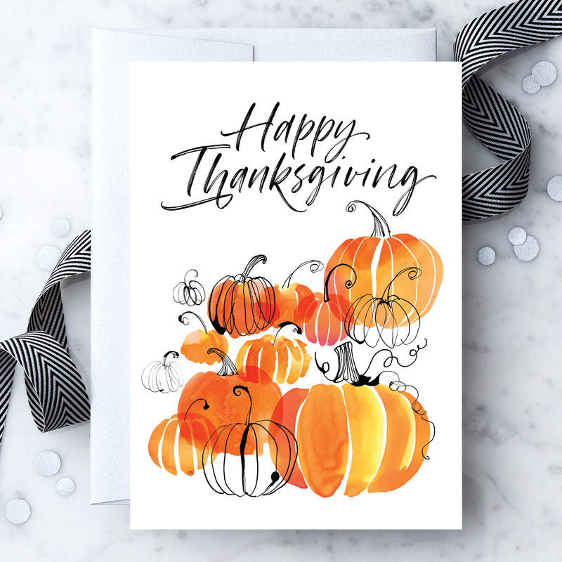"Happy Thanksgiving" Watercolor Pumpkin Card