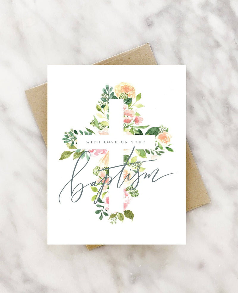 “With Love On Your Baptism” Floral Cross Card