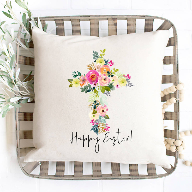 "Happy Easter!" Floral Cross Throw Pillow Cover