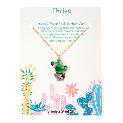 "Thrive" Potted Prickly Cactus Necklace - Dark Green